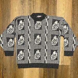 VTG Monochrome Abstract Pattern Knit Pullover Sweater Sz L Streetwear Retro 90s